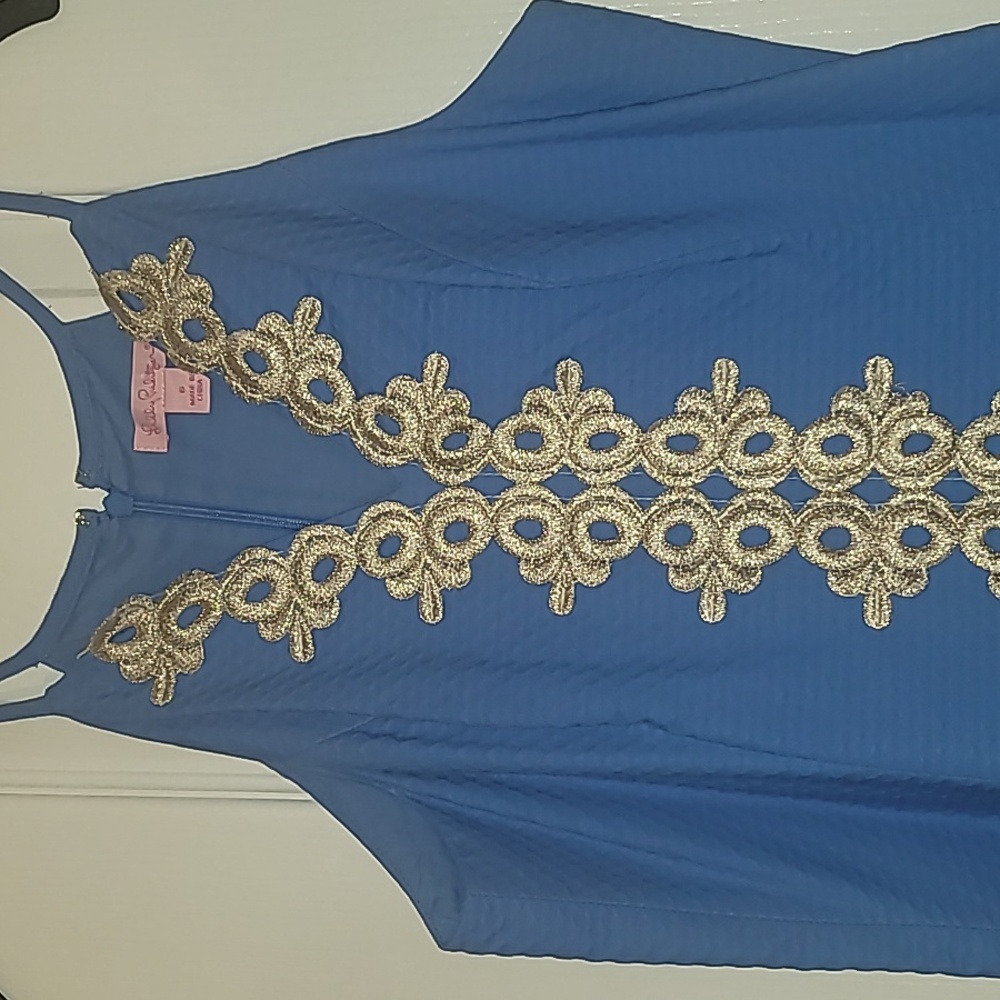 Blue Embroidered Halter Dress